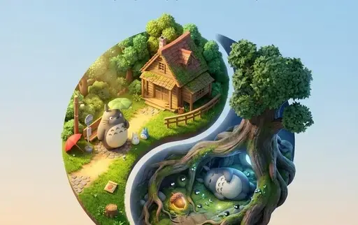 漂浮的太极可爱3D卡通立体场景