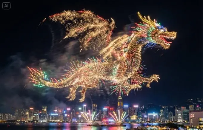 烟花在水滨城市上空勾勒出主题的形状提示词:AI作图关键词与图片参考.