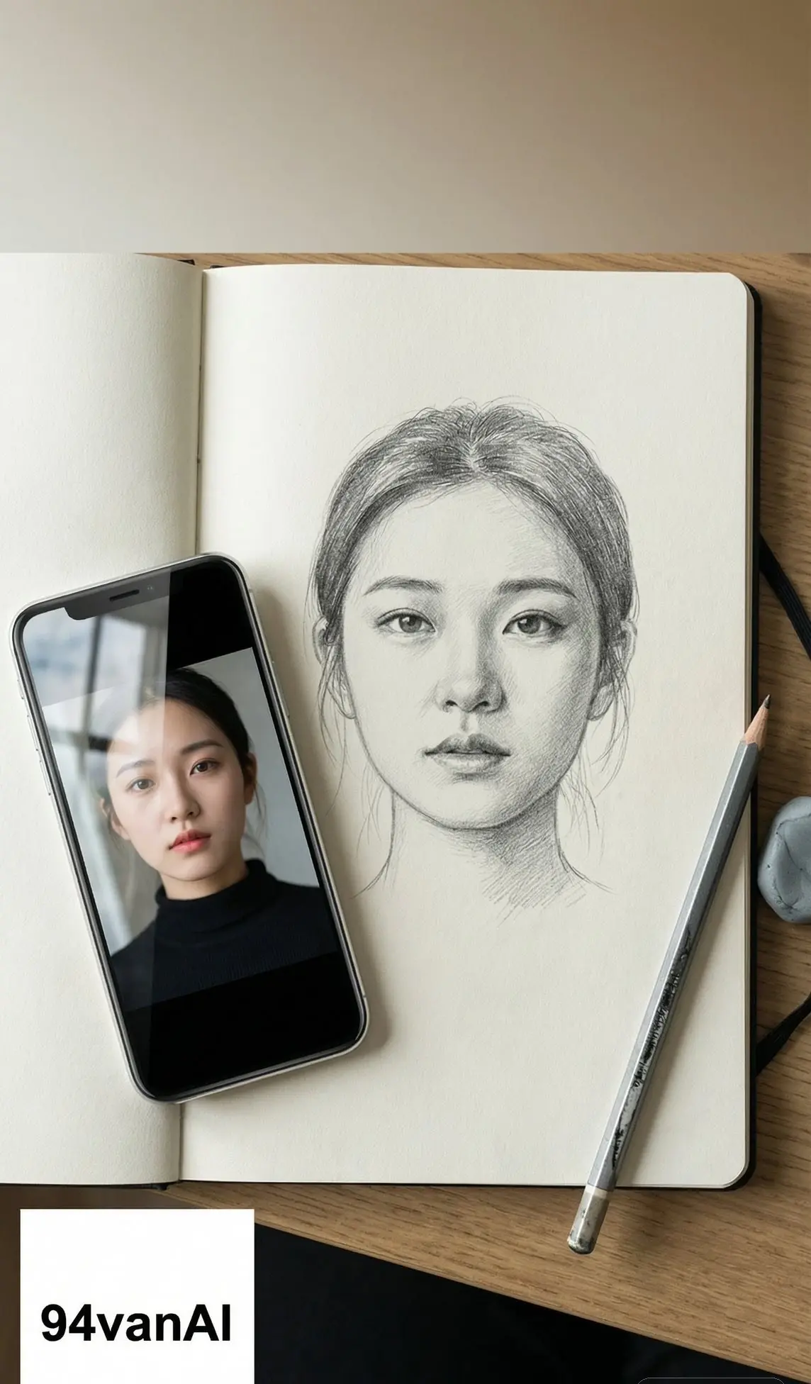 与手机原图同框的铅笔肖像提示词:AI作图关键词与图片参考.
