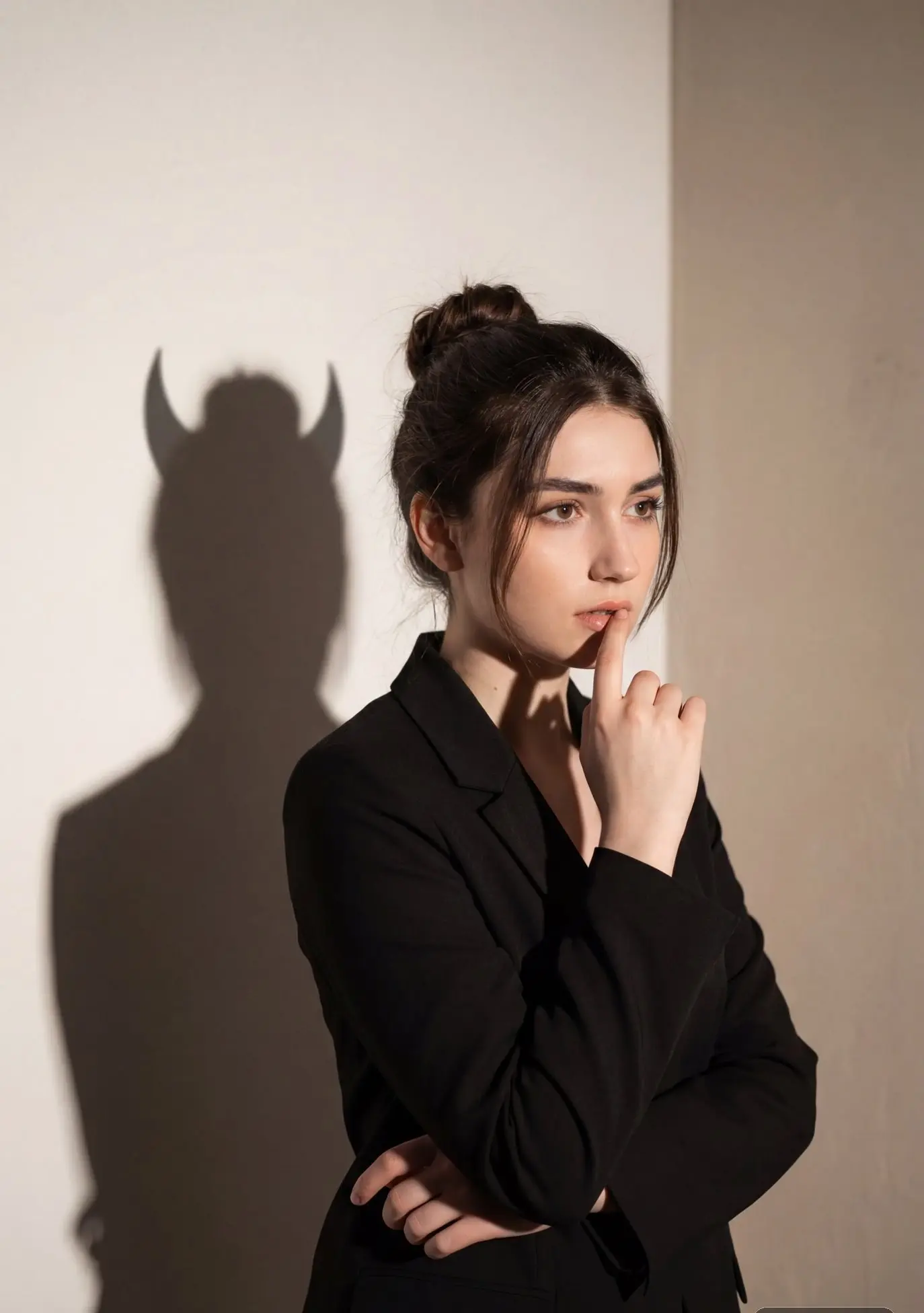 黑衣女子与恶魔影迹的心理肖像提示词:AI作图关键词与图片参考.