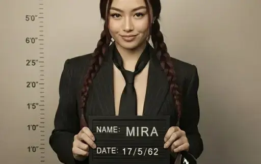 身着西装的女子摆出嫌犯照姿势
