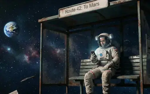 孤独的宇航员坐在普通城市公交站,等去火星的42路车