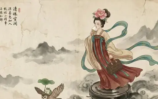 传统的中国工笔水墨画-仙女