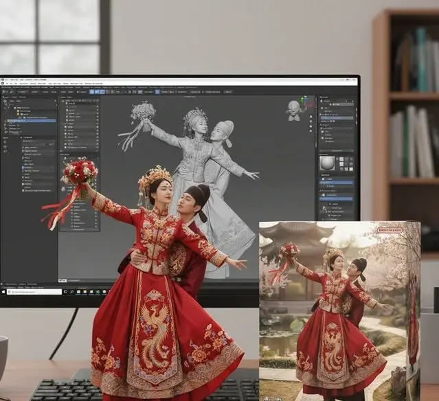 手办-ZBrush建模屏显与万代风格包装盒提示词:AI作图关键词与图片参考.
