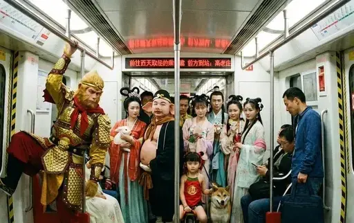 拥挤的北京地铁车厢，但乘客全是神话人物