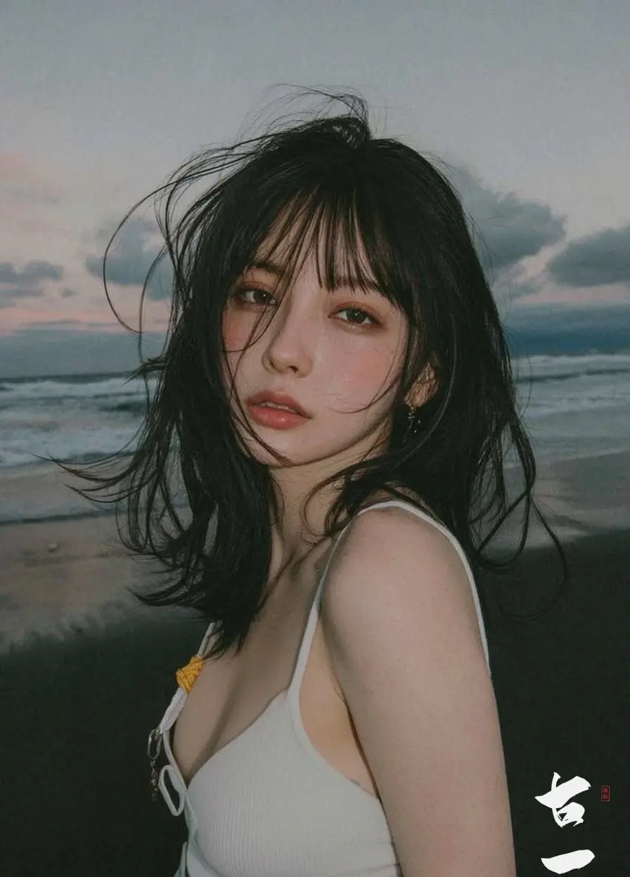 女子海边电影风格肖像照 图片 1