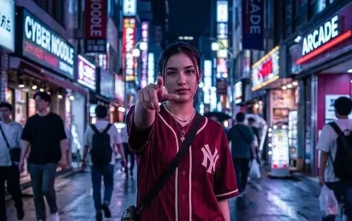 女子将食指向前伸出朝向相机镜头