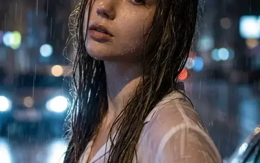 雨夜都市的沉思女性