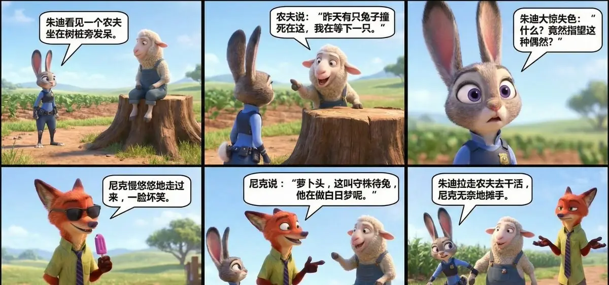 疯狂动物城朱迪和尼克讲小故事-守株待兔提示词:AI作图关键词与图片参考.