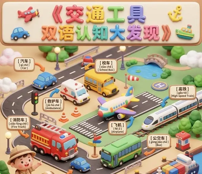 双语认知大发现-交通工具提示词：AI作图关键词与图片参考.-星火跨境XINGHUOS-卖家综合服务门户