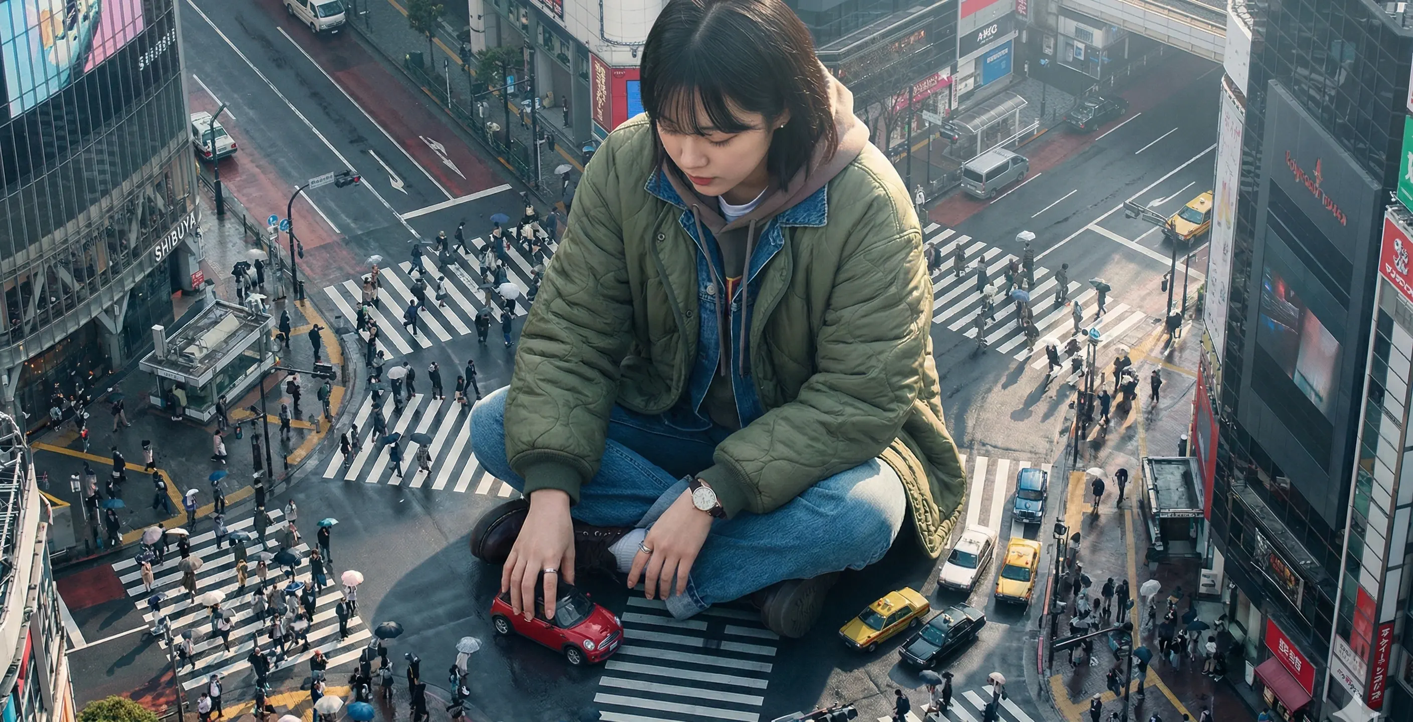 巨型韩国女子置身于熙熙攘攘的街头提示词：AI作图关键词与图片参考.-星火跨境XINGHUOS-卖家综合服务门户
